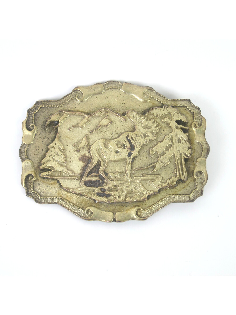 Vintage Belt Buckle Moose Hunting Mountain Forrest Trees Metal For Up to 2" RARE